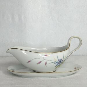 Vintage Eschenbach Gravy Boat with Underplate W1458 Pink Blue Gold Trim